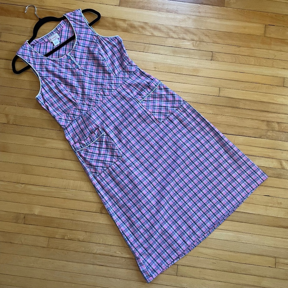 Lanz Of Salzburg Vintage Plaid Midi Dress Retro Pink Navy Pockets Pin-Up